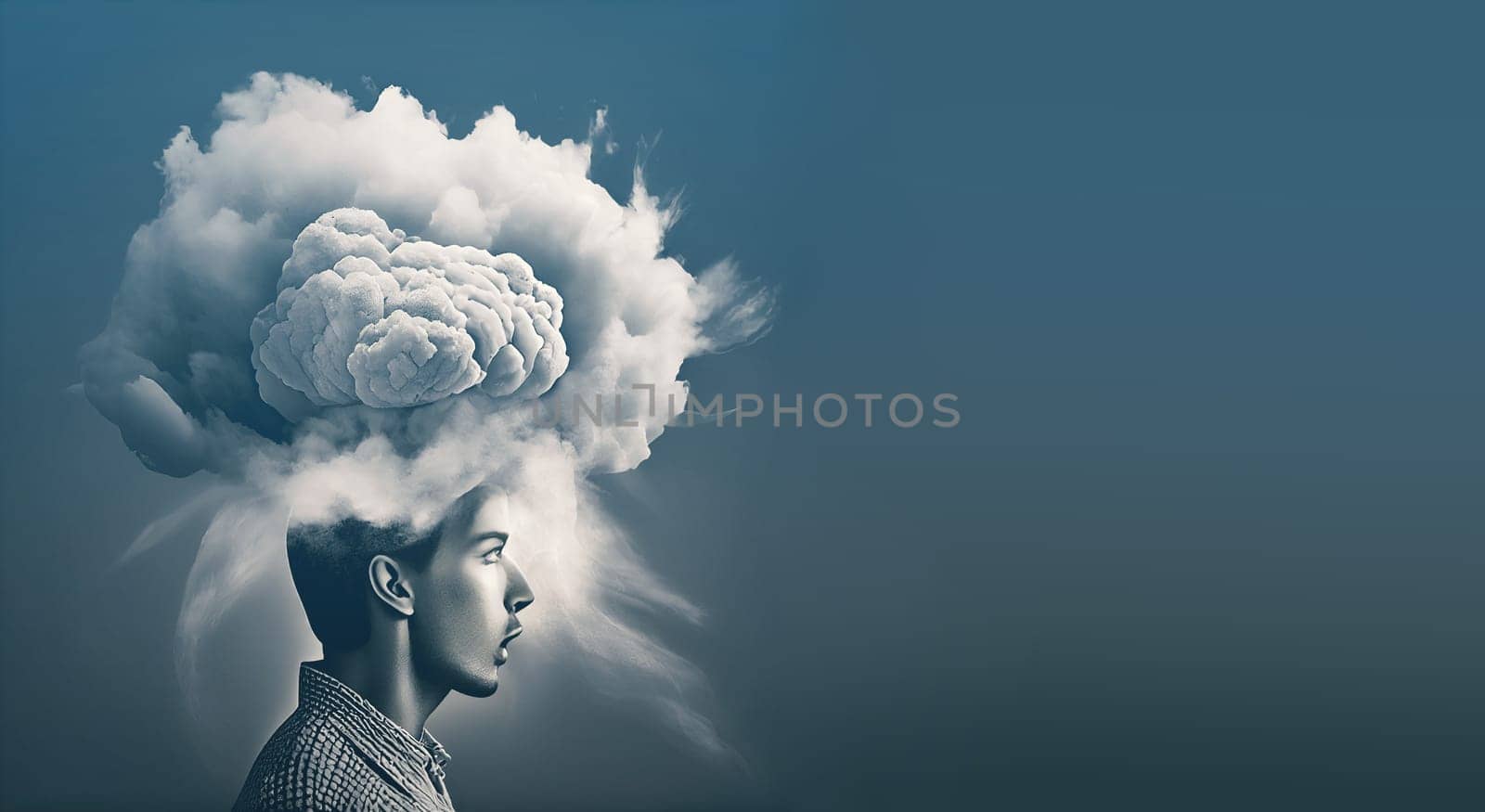 Brain fog, long covid symptom, man with a brain, problems after Covid-19 disease, health issue, generative AI