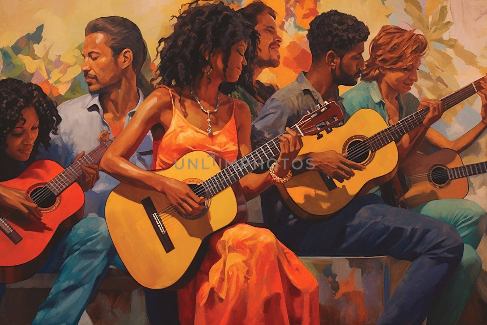 Music band of young people with different skin color playing acoustic guitar together on the street, performer group, generative AI