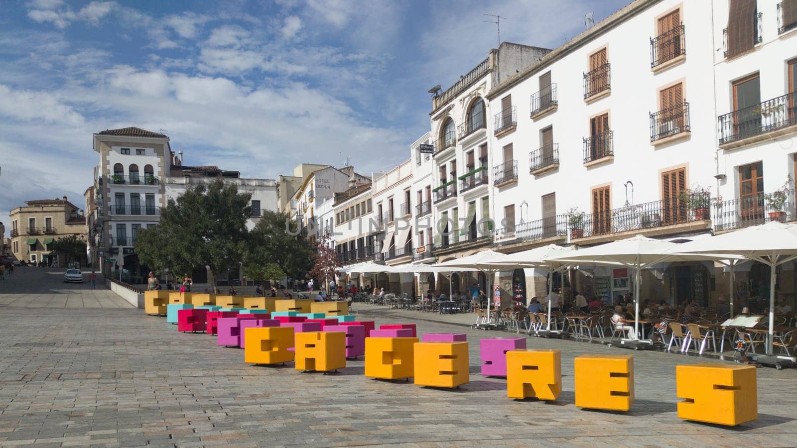 Caceres, Spain - Sept 19th, 2022: Caceres city-identifying letters at Plaza Mayor, Extremadura, Spain. Tourism boosters concept