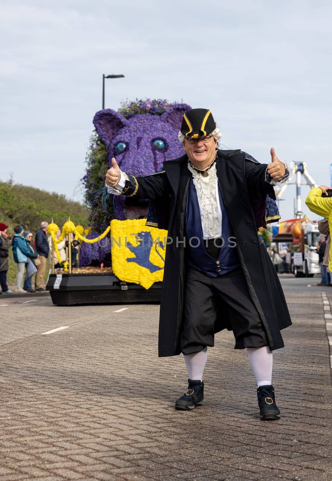 Noordwijk, Netherlands - April 22, 2023: Spectacular flower covered floats in the Bloemencorso Bollenstreek the annual spring flower parade from Noordwijk to Haarlem in the Netherlands.