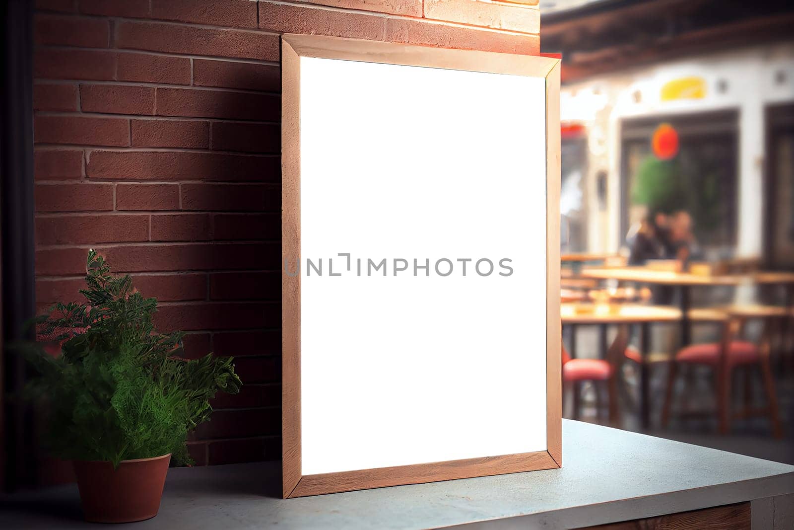 Mockup label, blank menu frame in Bar restaurant. Stand for booklets with white sheets paper on wooden table cafeteria blurred background