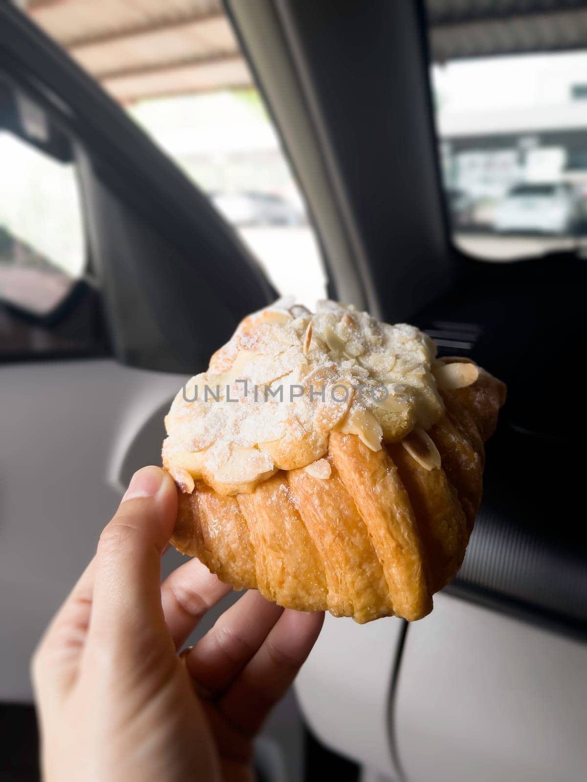 Mouthwatering french almond croissant pastry, stock photo