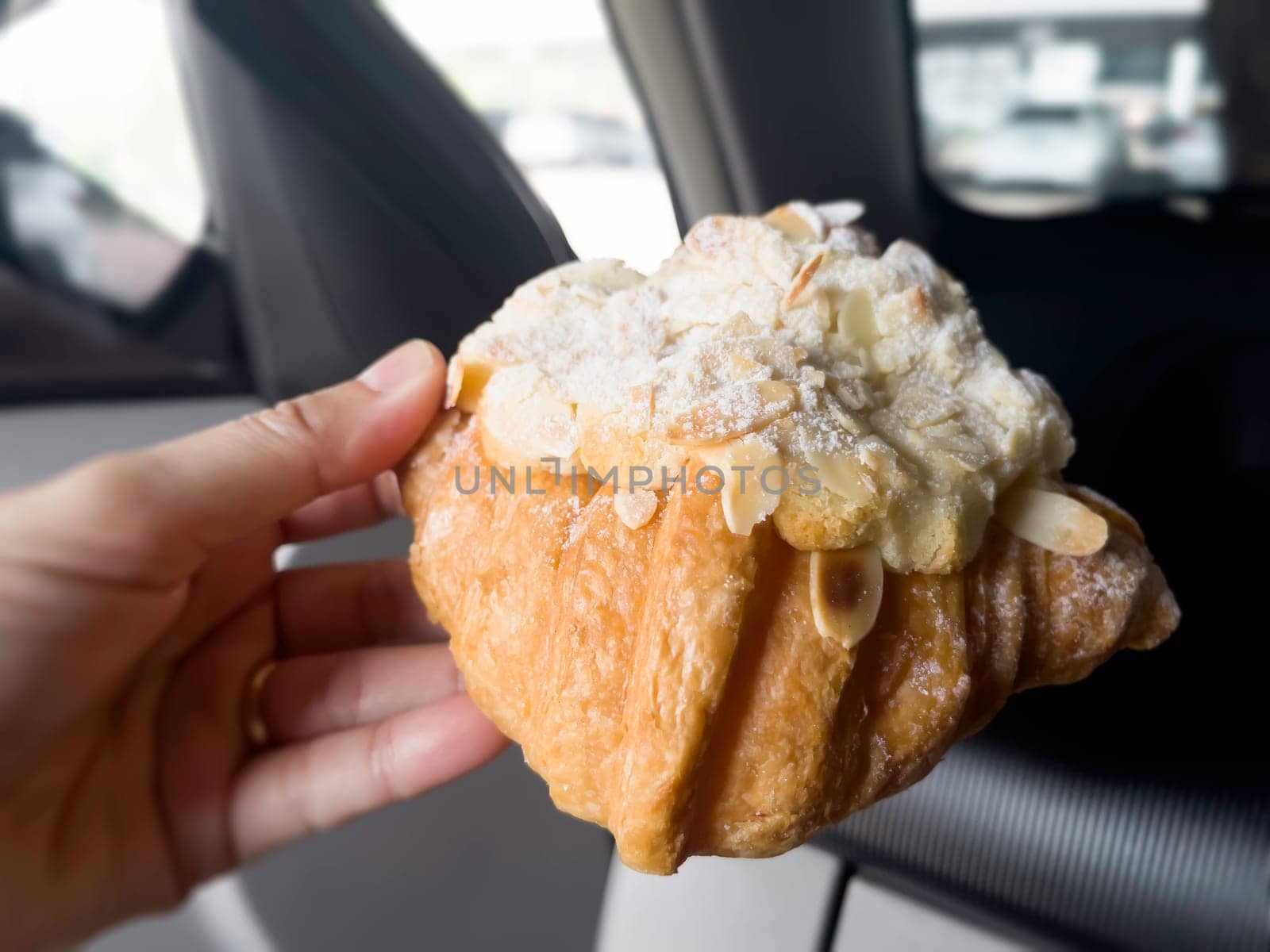 Mouthwatering french almond croissant pastry, stock photo
