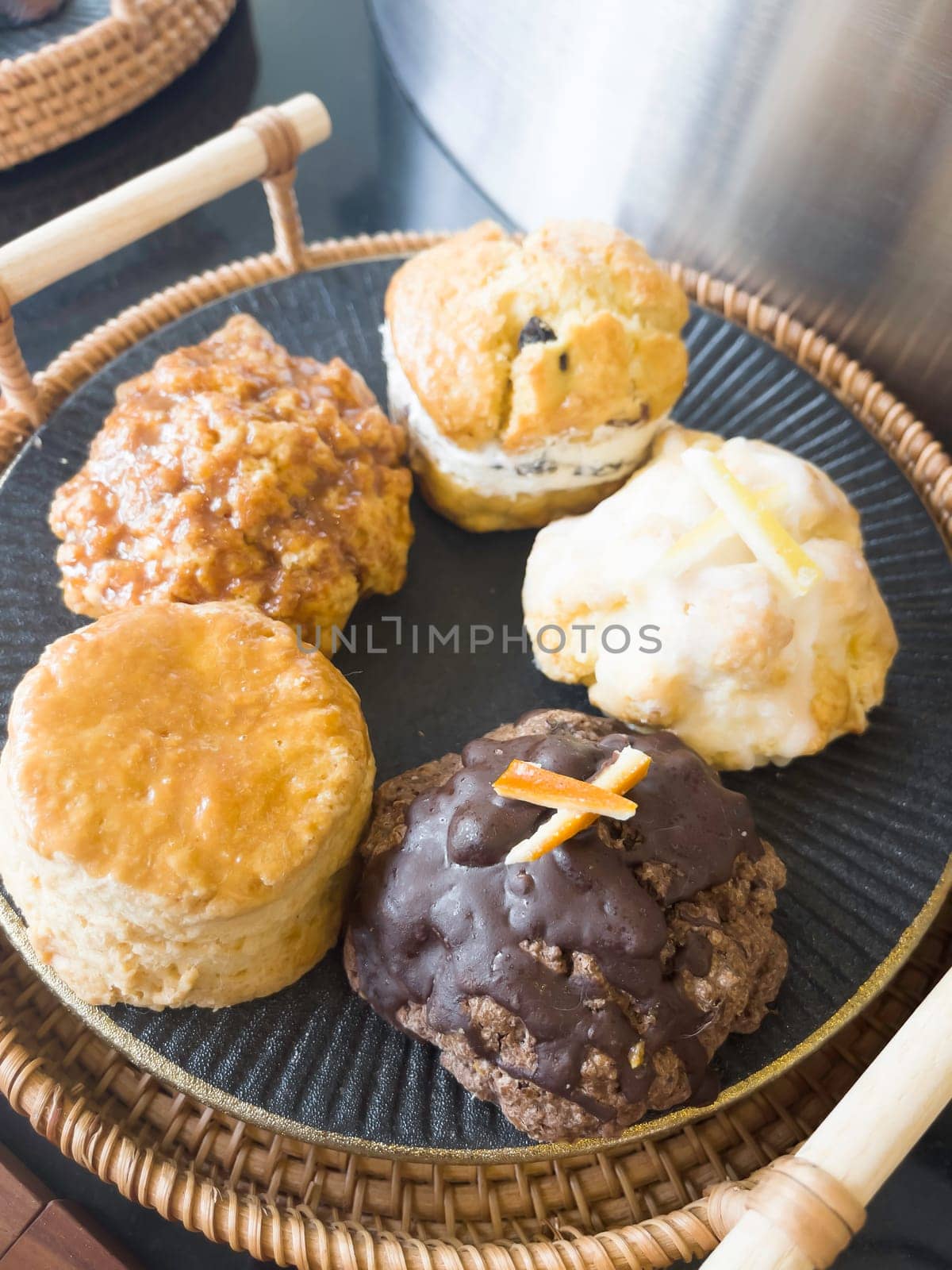 Variety of slices bakery arranged on table, stock photo