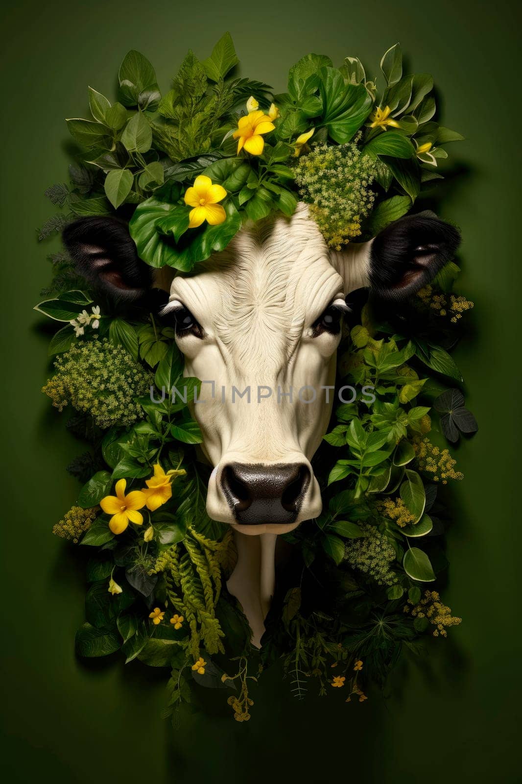 A cow portrait with plants and flowers. Domestic animal and floral background. AI generated.