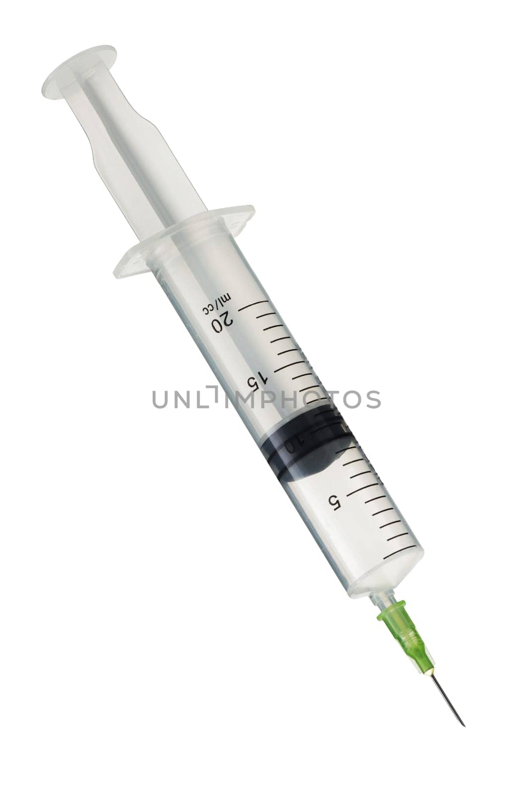 A medical syringe 20cc inclined on white with clipping path