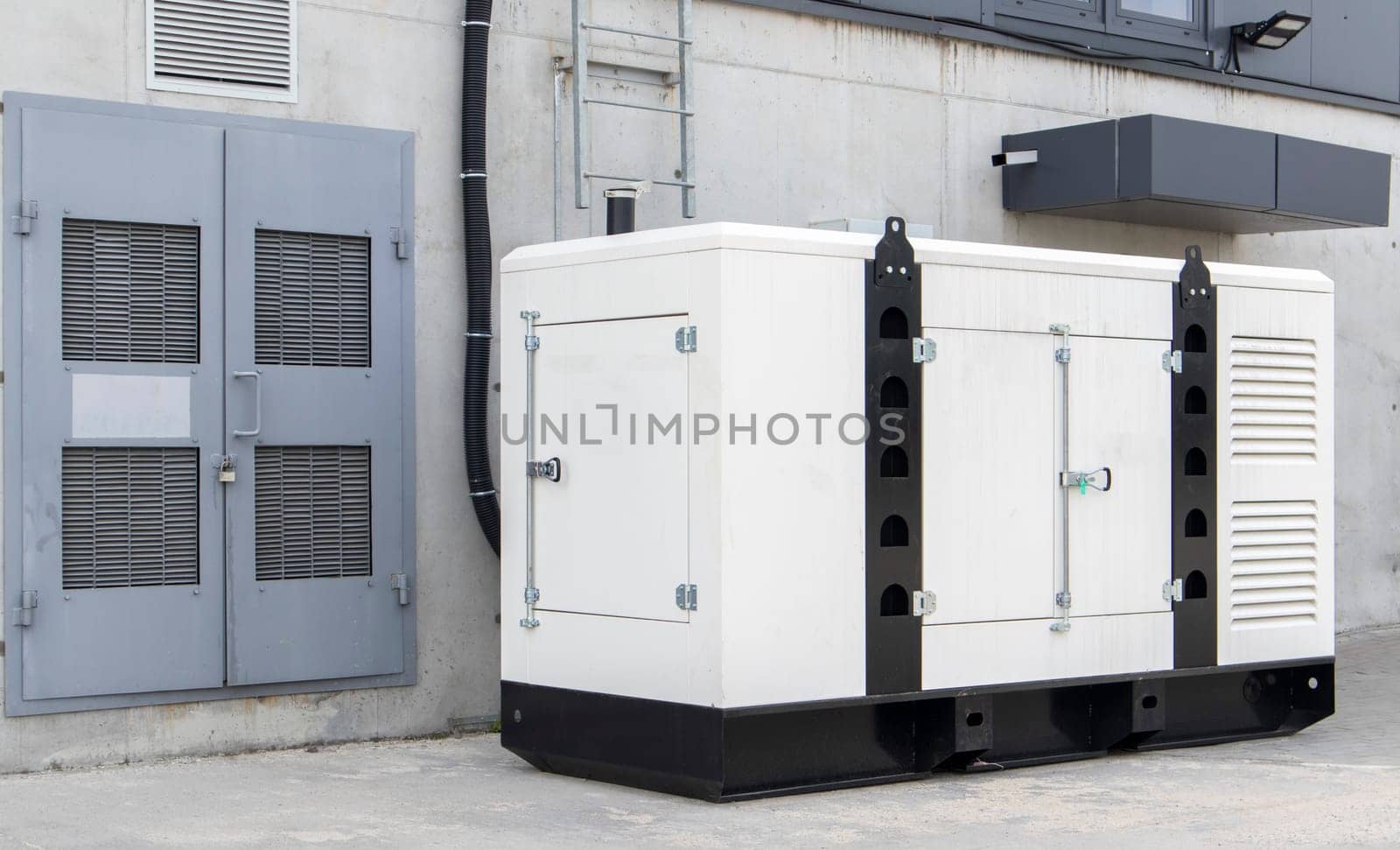 Mobile, standby industrial diesel generator for emergency power supply. Generator with internal combustion engine. For emergency use of electricity outdoors