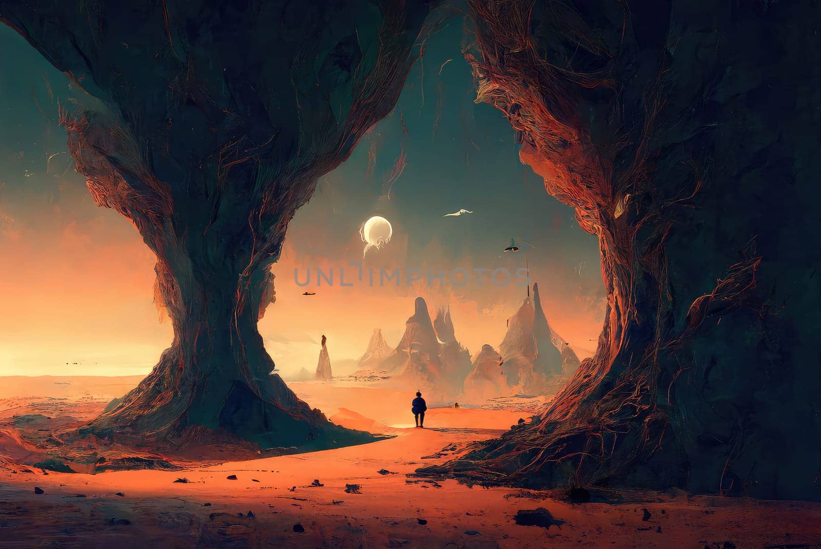 Fantastic painted landscape with lonely figure. Generative AI design