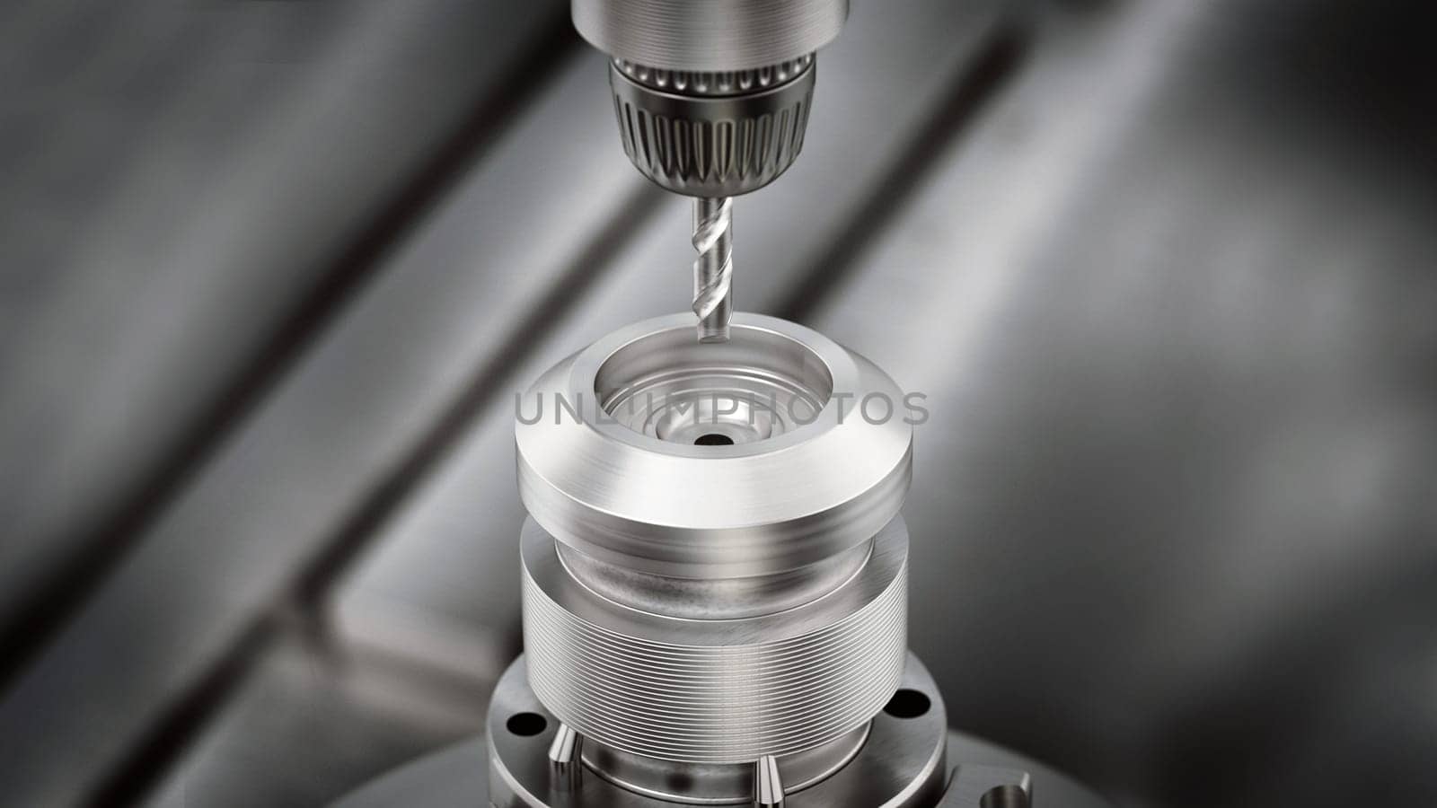 Closeup of generic CNC drill equipment. 3D illustration.