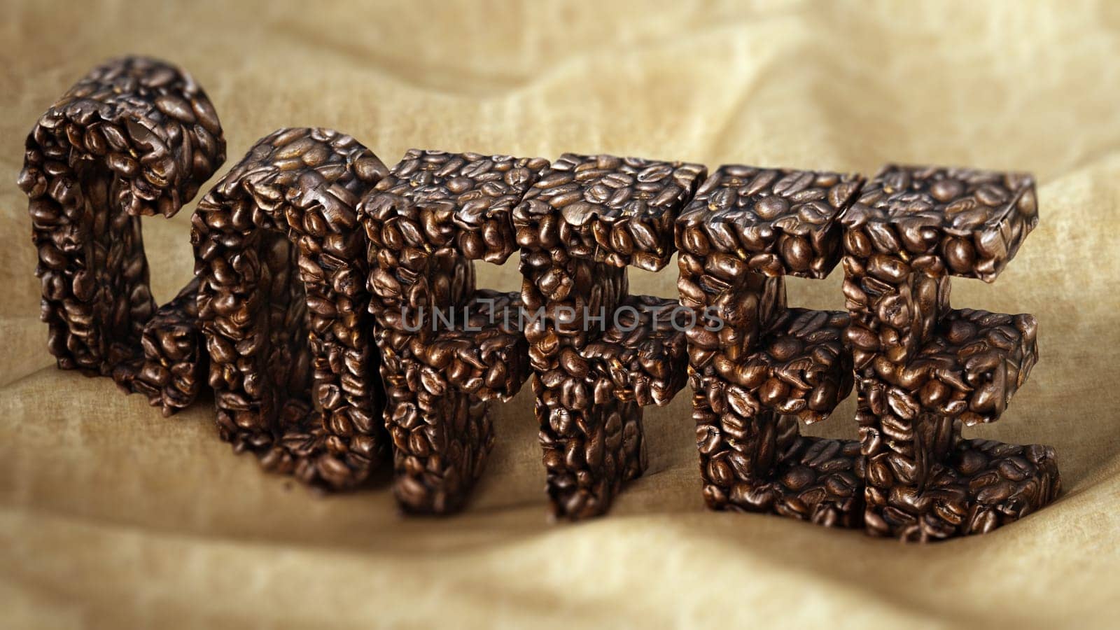 Coffee word consisting of roasted coffee beans standing on sack texture. 3D illustration.