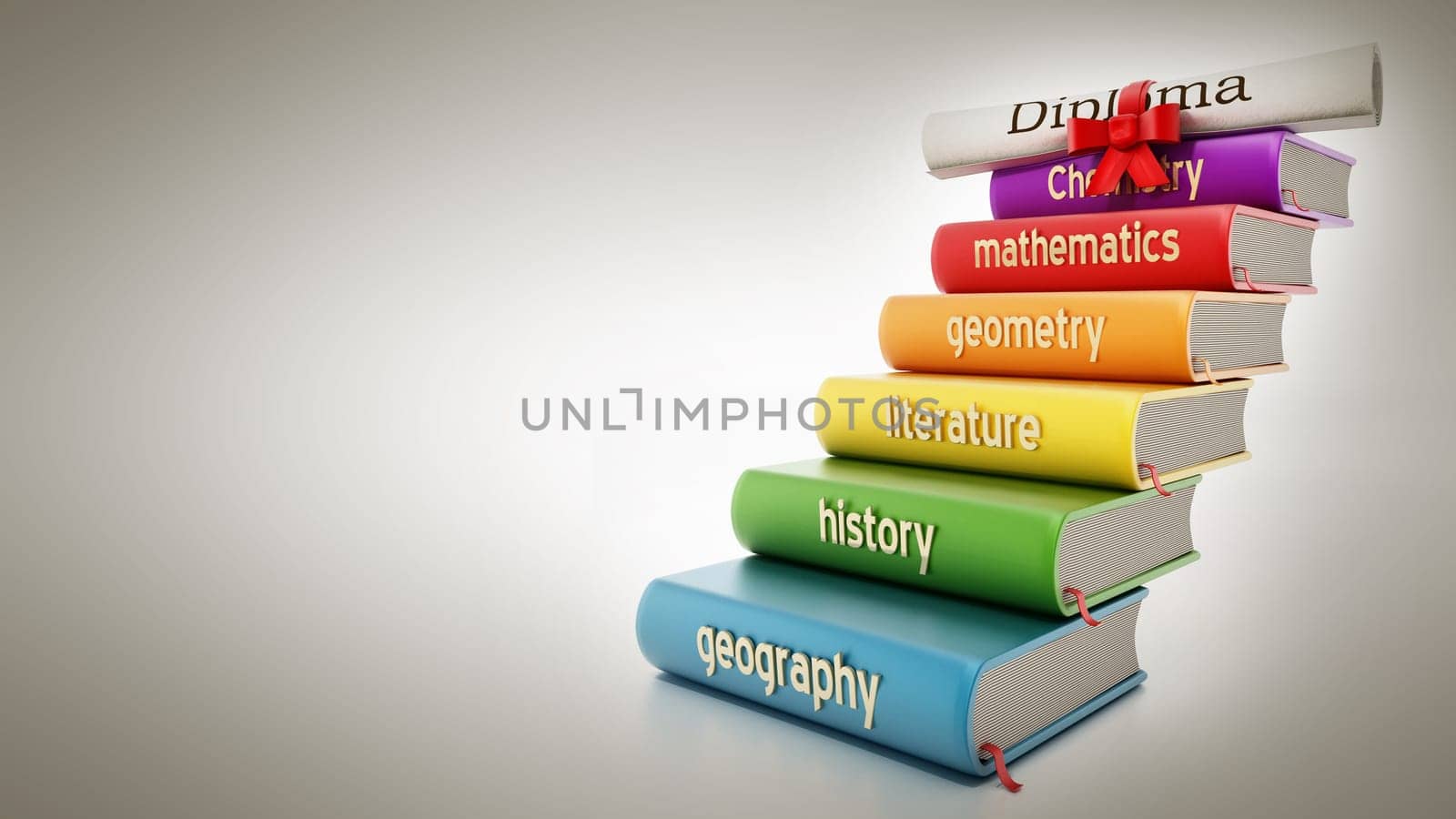 School course books forming a staircase through a diploma. 3D illustration.