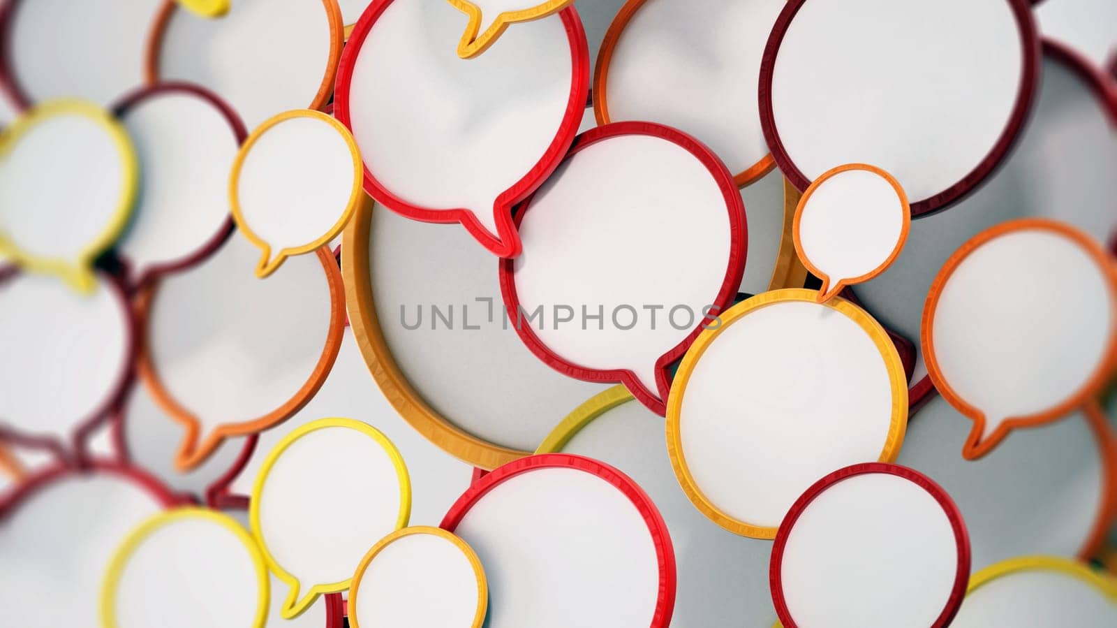 Red, yellow, and orange speech balloons forming a background. 3D illustration.