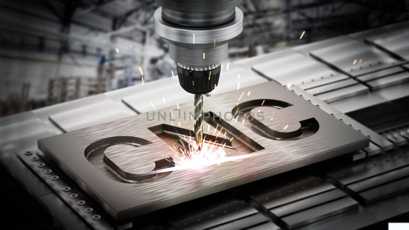 Closeup of generic CNC drill equipment. 3D illustration.
