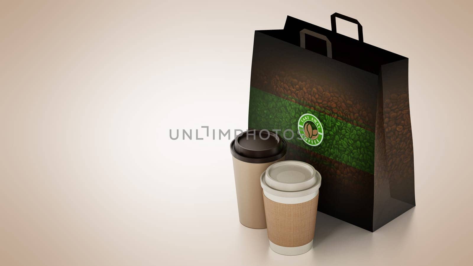 Take away coffee cup and paper bag isolated on white. 3D illustration.