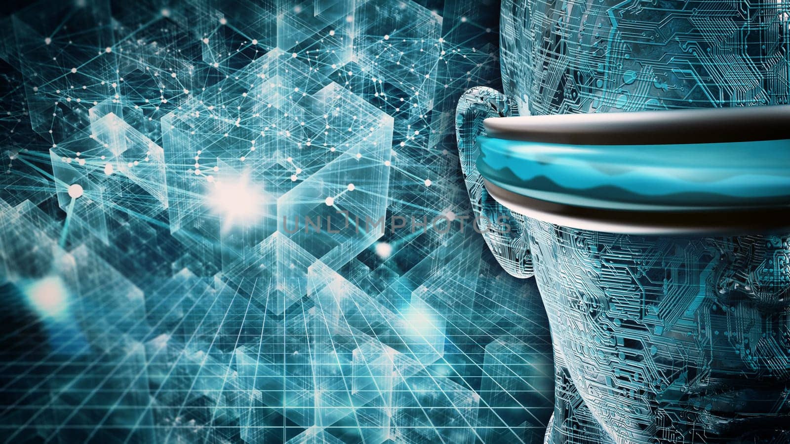 Head wearing virtual reality glasses against cyber technology background. 3D illustration.