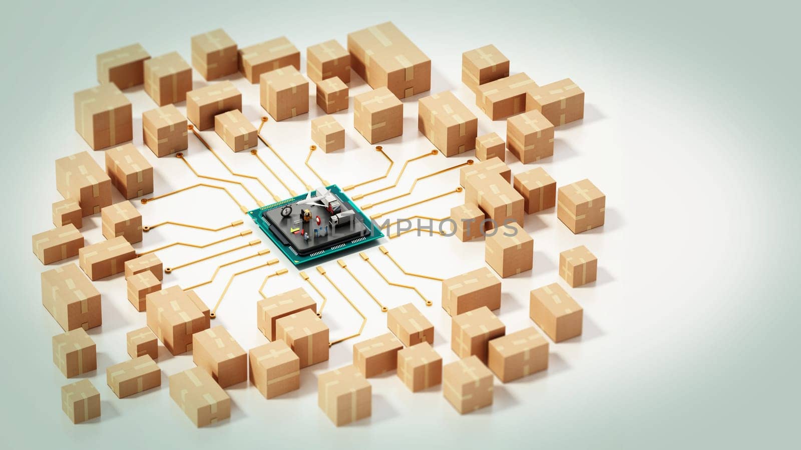 Large group of cardboard boxes connected to microchip. 3D illustration.