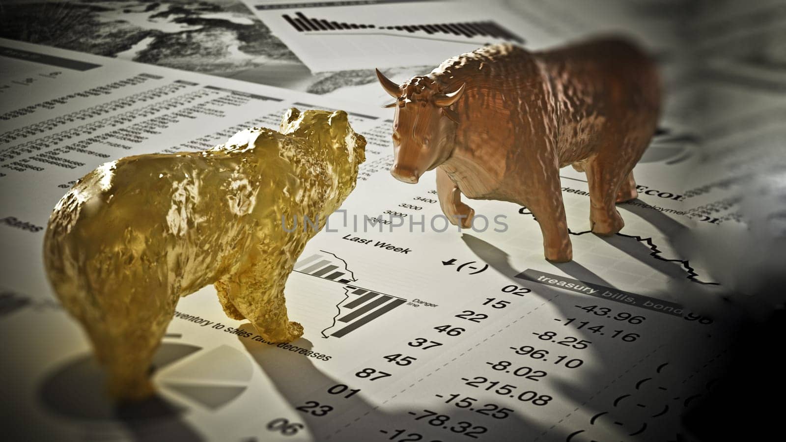 Bear and bull figures on economy newspaper pages. 3D illustration.