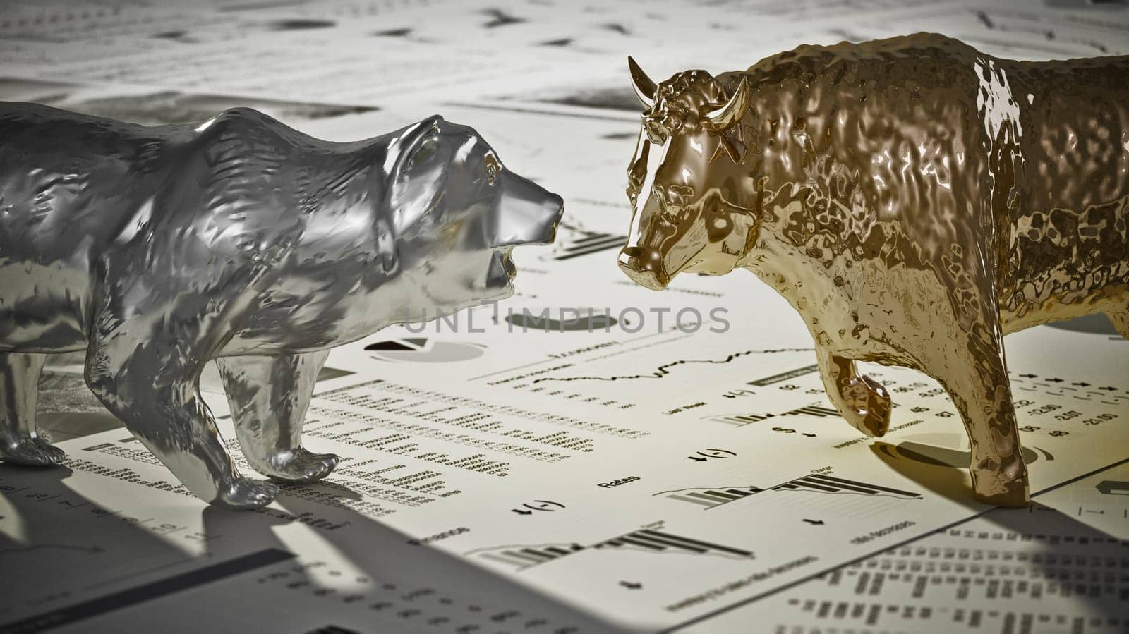 Bear and bull figures on economy newspaper pages. 3D illustration.