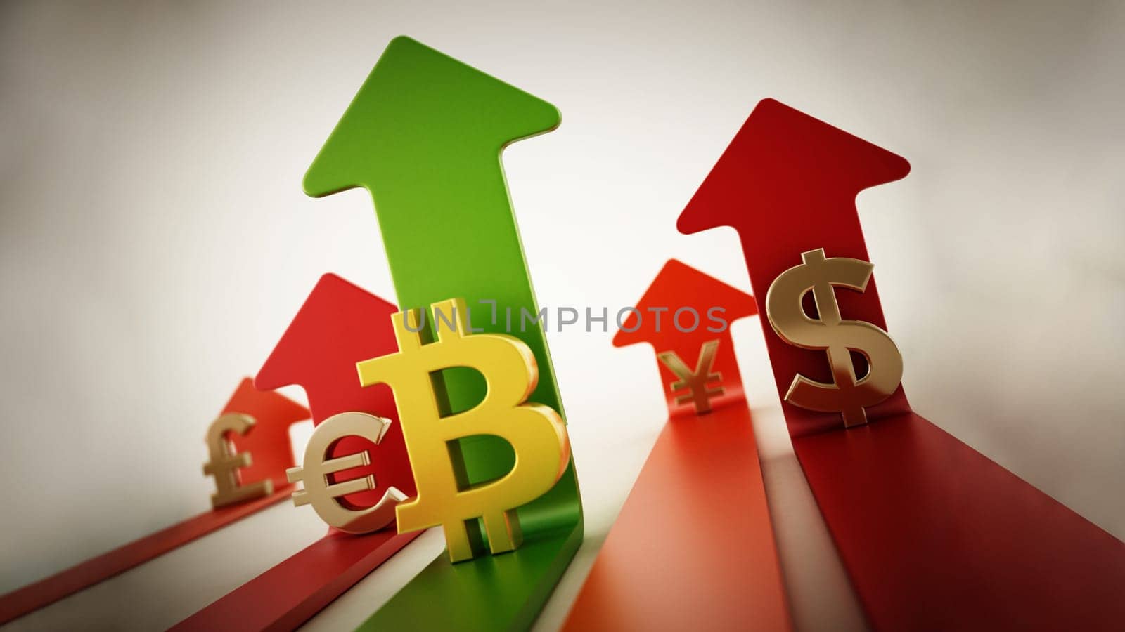 Bitcoin, dollar, euro, yen and pound symbols on rising arrows