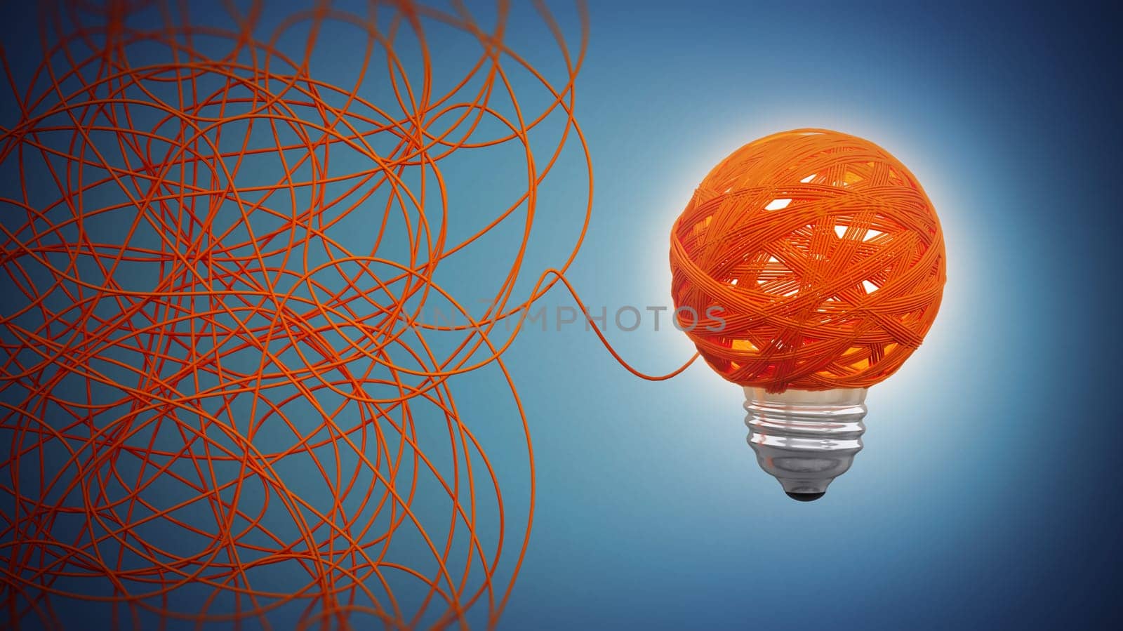 Tangled rope forming a lightbulb on blue background. 3D illustration.