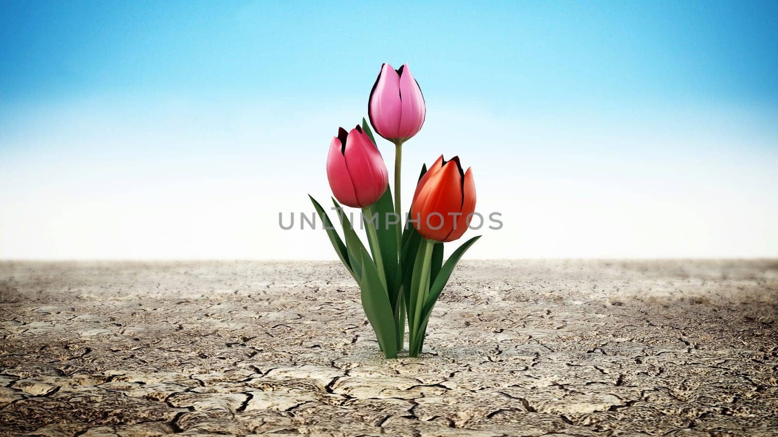 Lonely flower standing on cracked soil. 3D illustration.