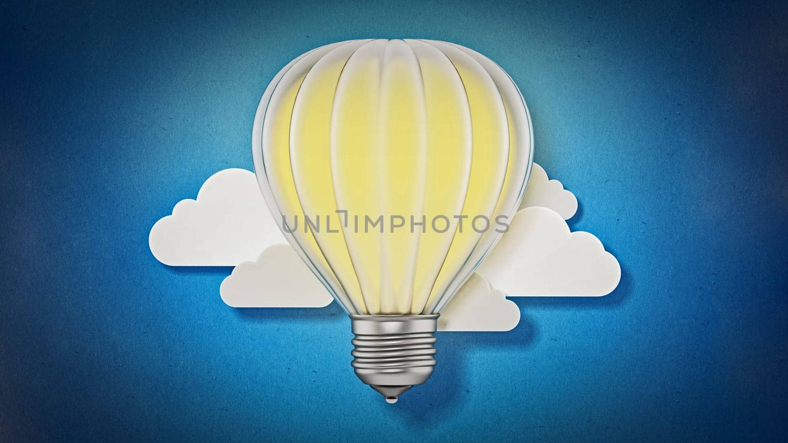 Lightbulb balloon flying among the clouds. 3D illustration.