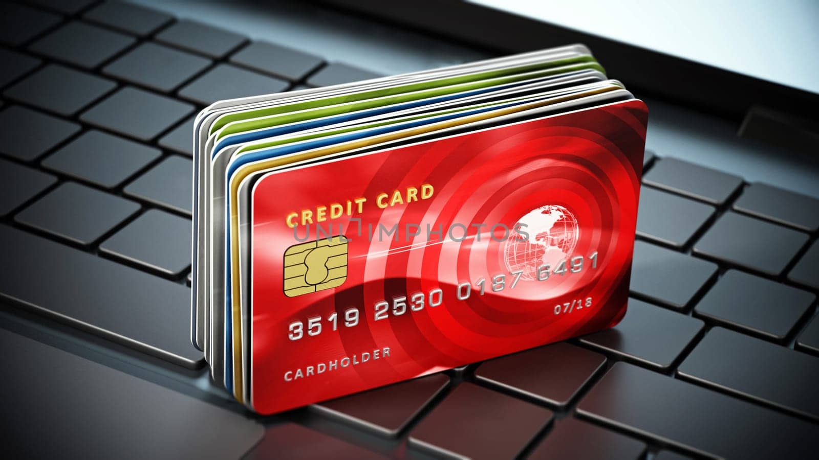 Credit cards standing on laptop computer keyboard. 3D illustration.