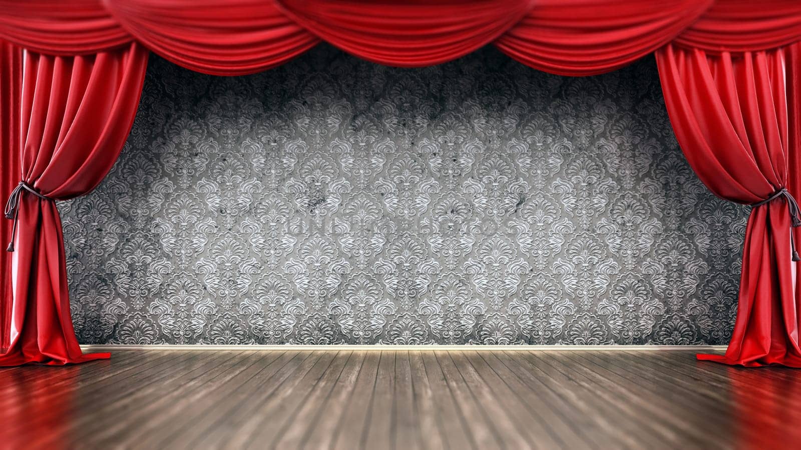 Theater stage with red curtain and parquet ground. 3D illustration.
