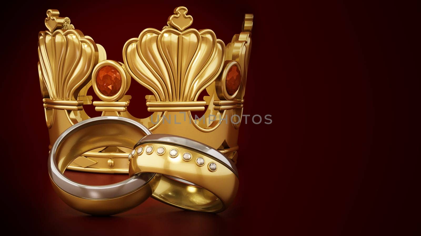 Royal wedding concept with crown and wedding rings. 3D illustration.