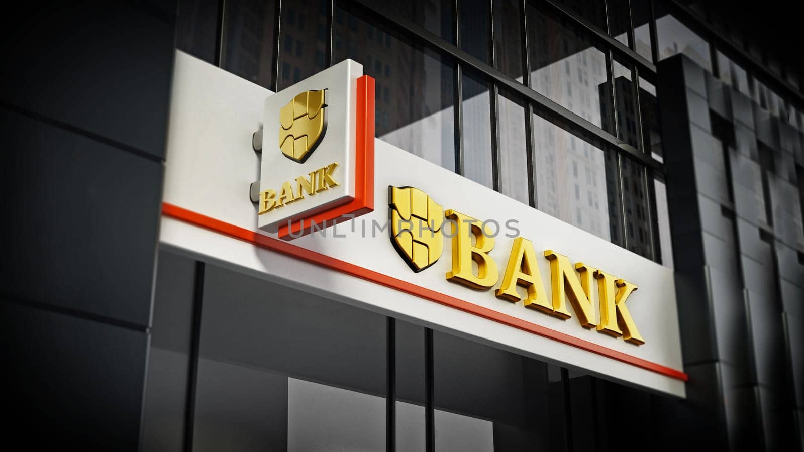 Bank signboard with fictitious logo on building exterior. 3D illustration.