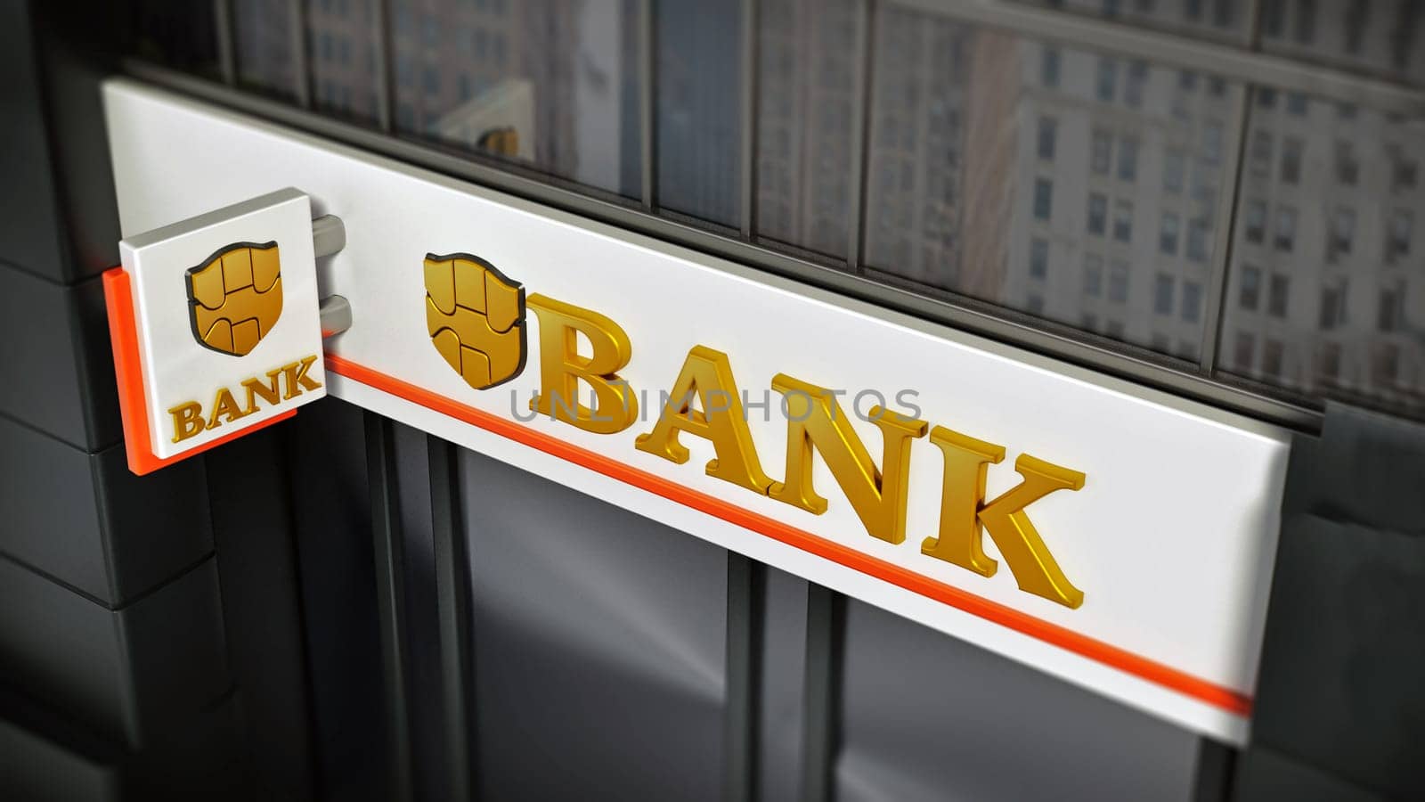 Bank signboard with fictitious logo on building exterior. 3D illustration.