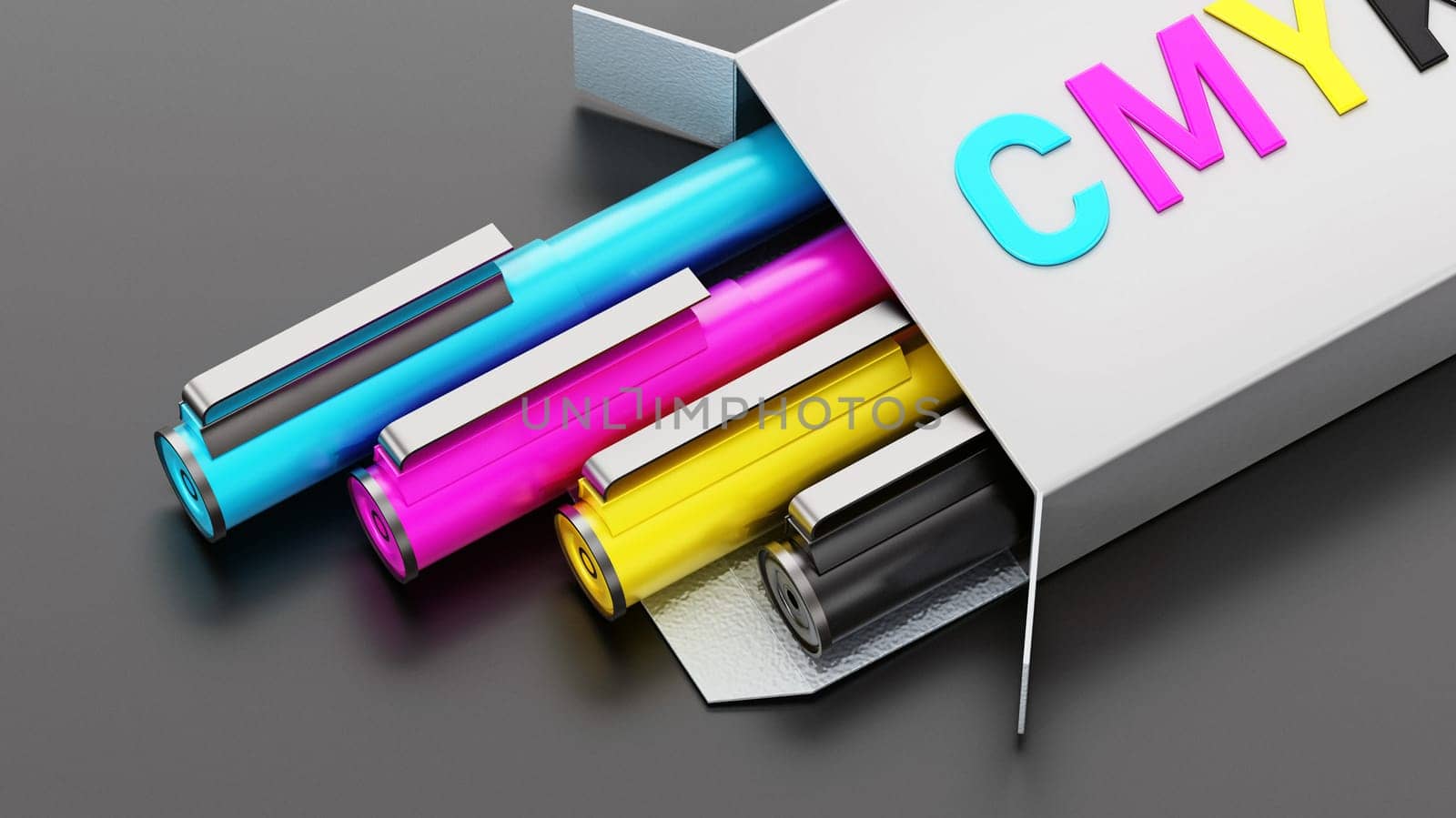 CMYK color pens inside white box. 3D illustration.