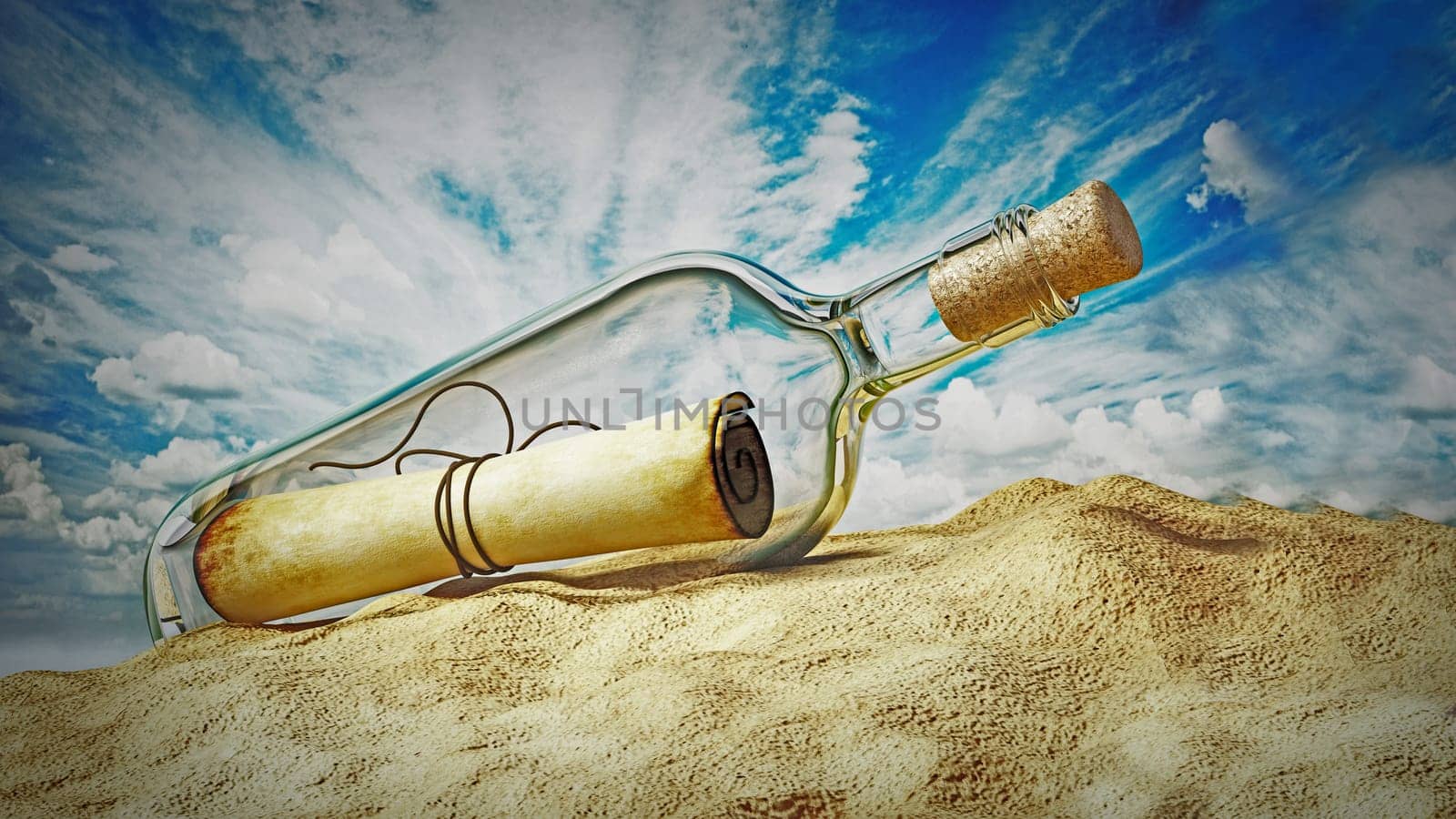 Message in a bottle standing on the beach sand. 3D illustration.