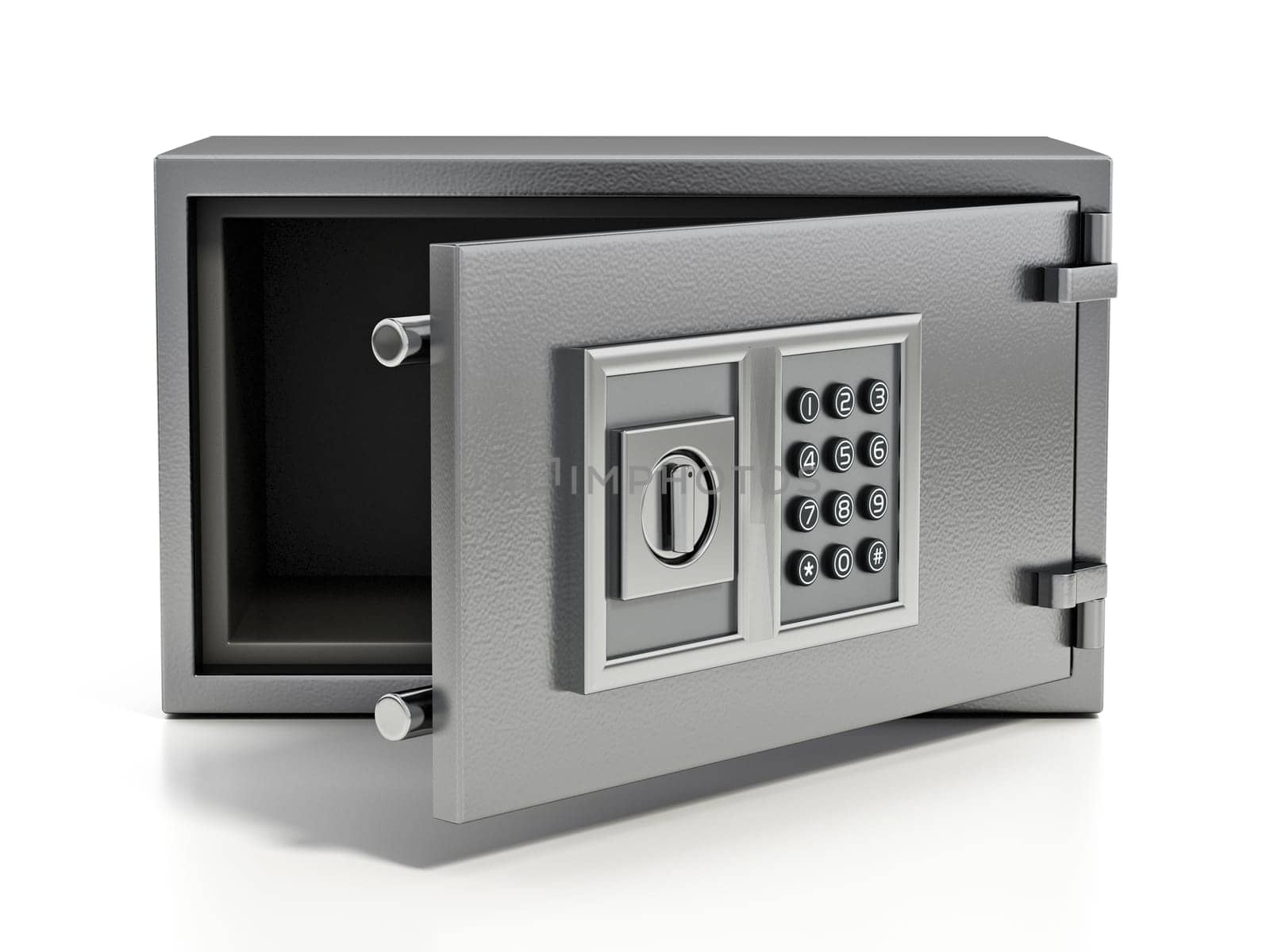 Open wall safe with digital keypad isolated on white background. 3D illustration.