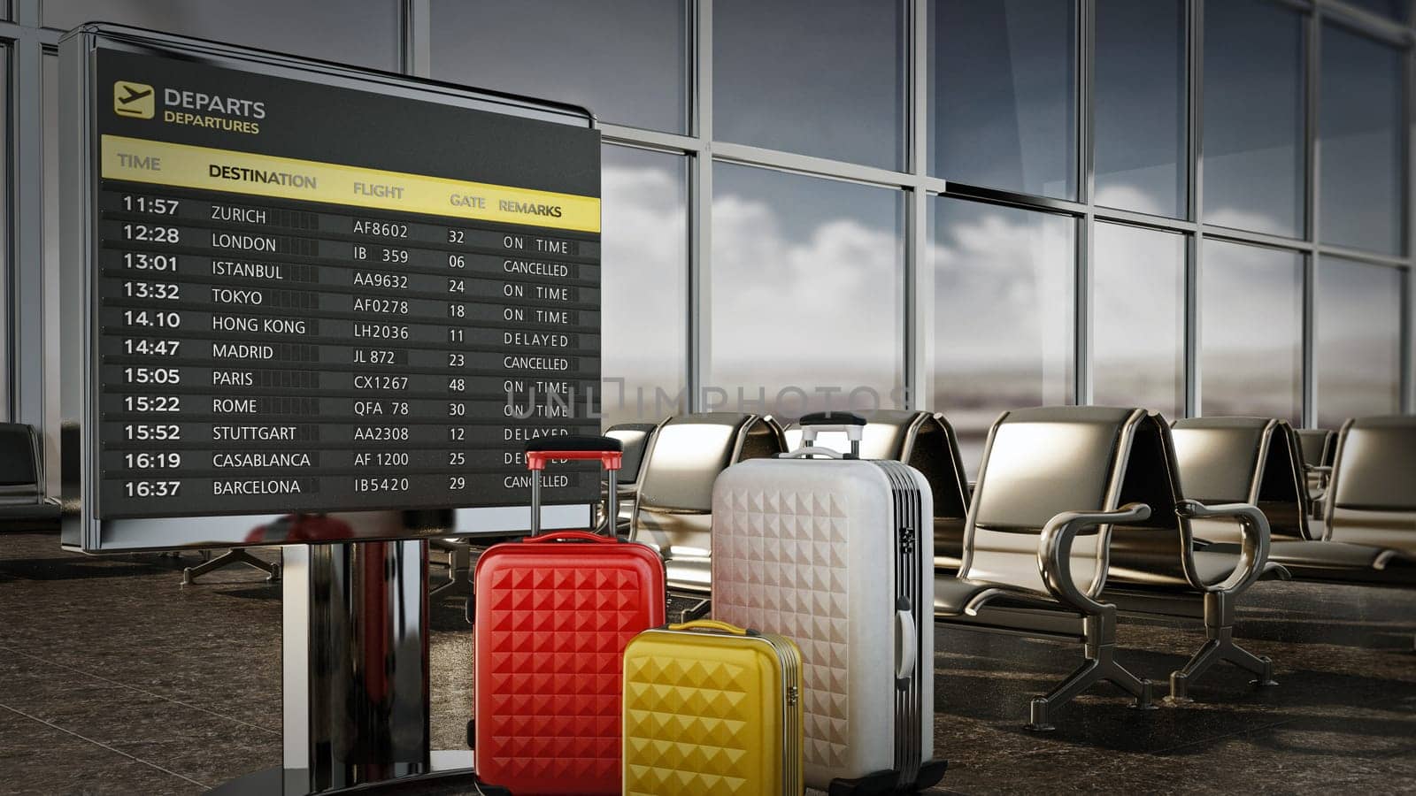 Airport boarding sign, and luggages inside airport waiting room. 3D illustration.
