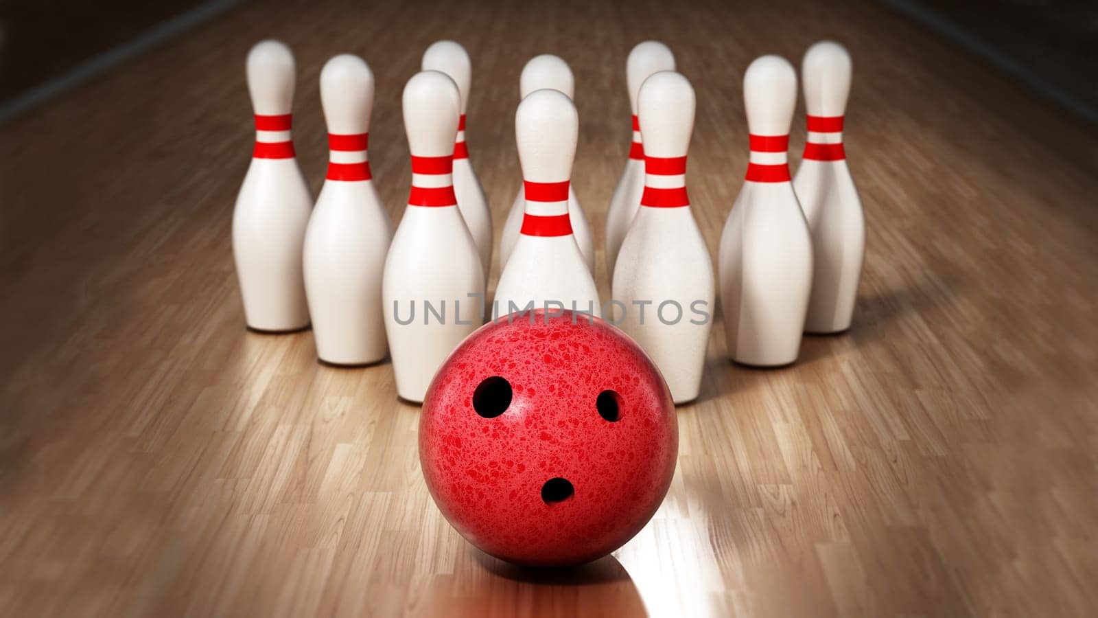 Bowling pins and red bowling ball standing on wooden surface. 3D illustration.