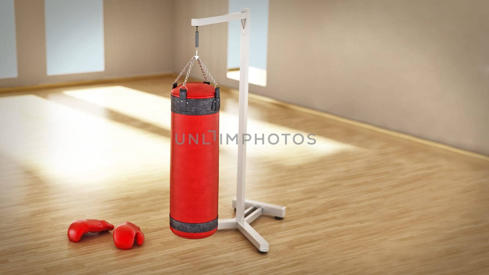 Boxing sandbag hanging on the chain inside a room. 3D illustration.