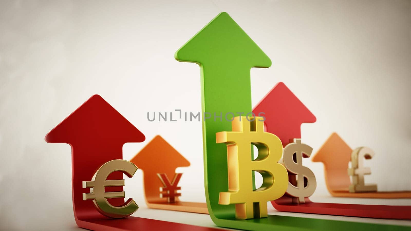 Bitcoin, dollar, euro, yen and pound symbols on rising arrows