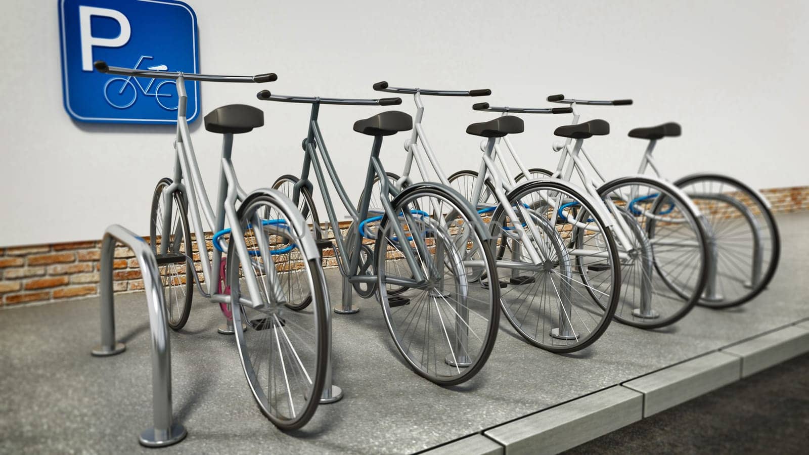 White bicycles in bicycle parking area. 3D illustration.