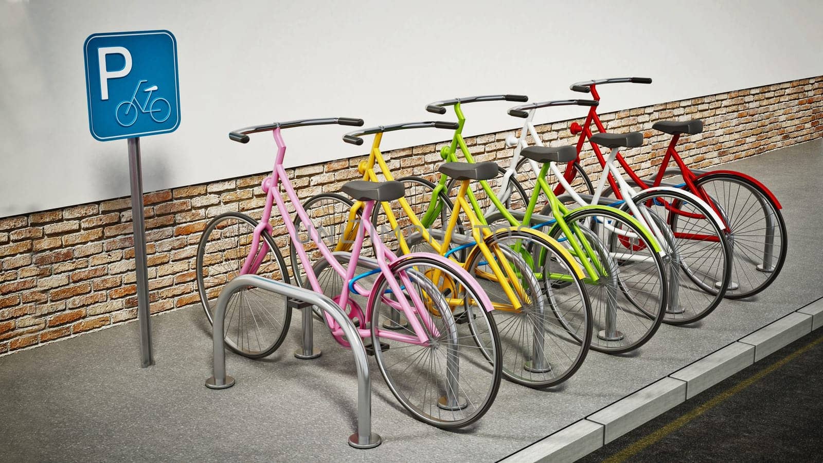 Colorful bicycles in bicycle parking area. 3D illustration.