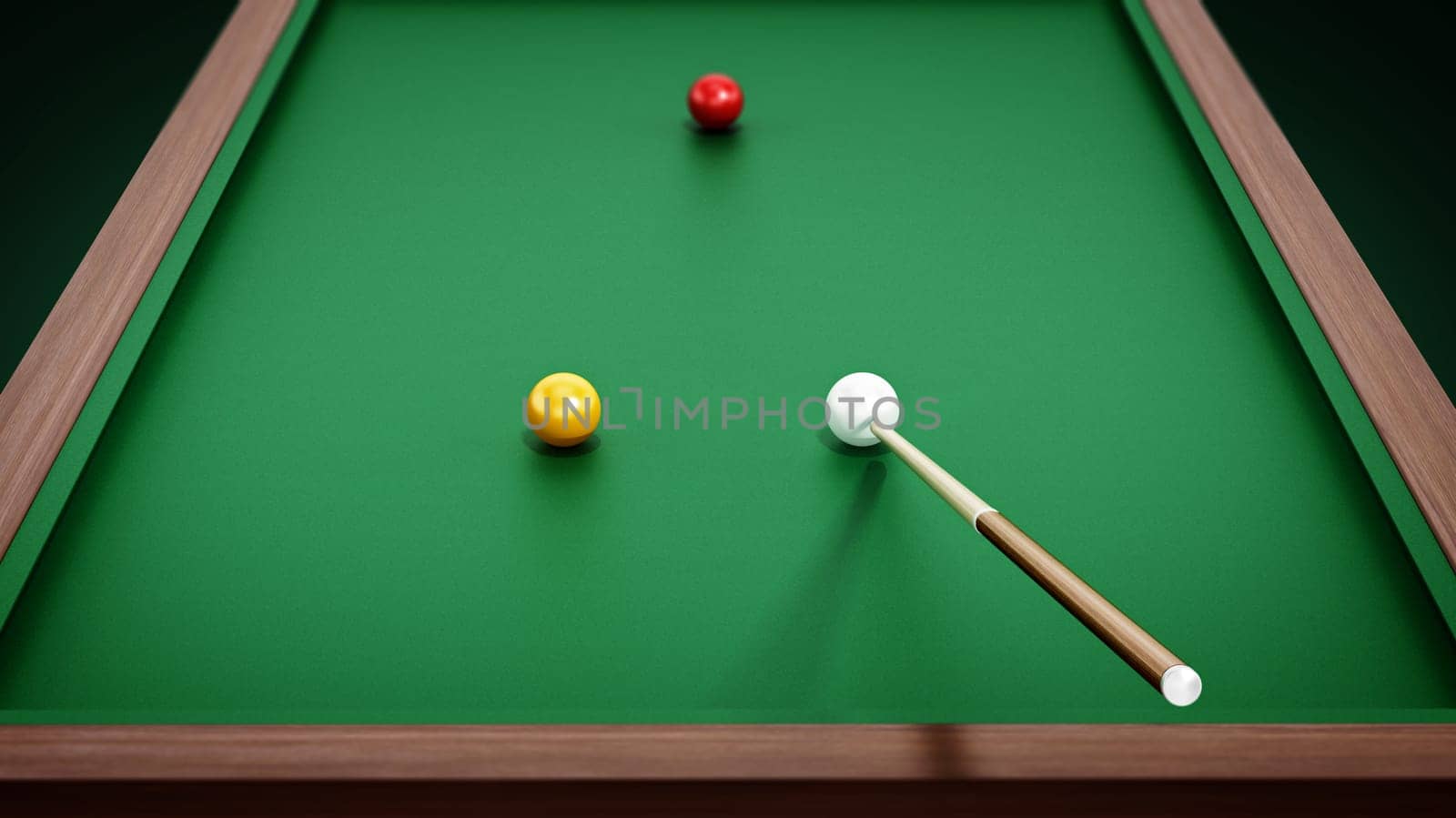 Billiards table, balls and cue. 3D illustration.