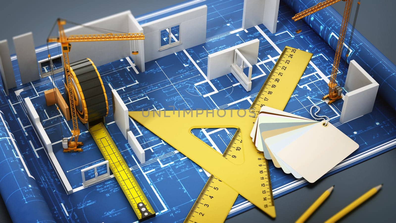 House construction project. 3D illustration.