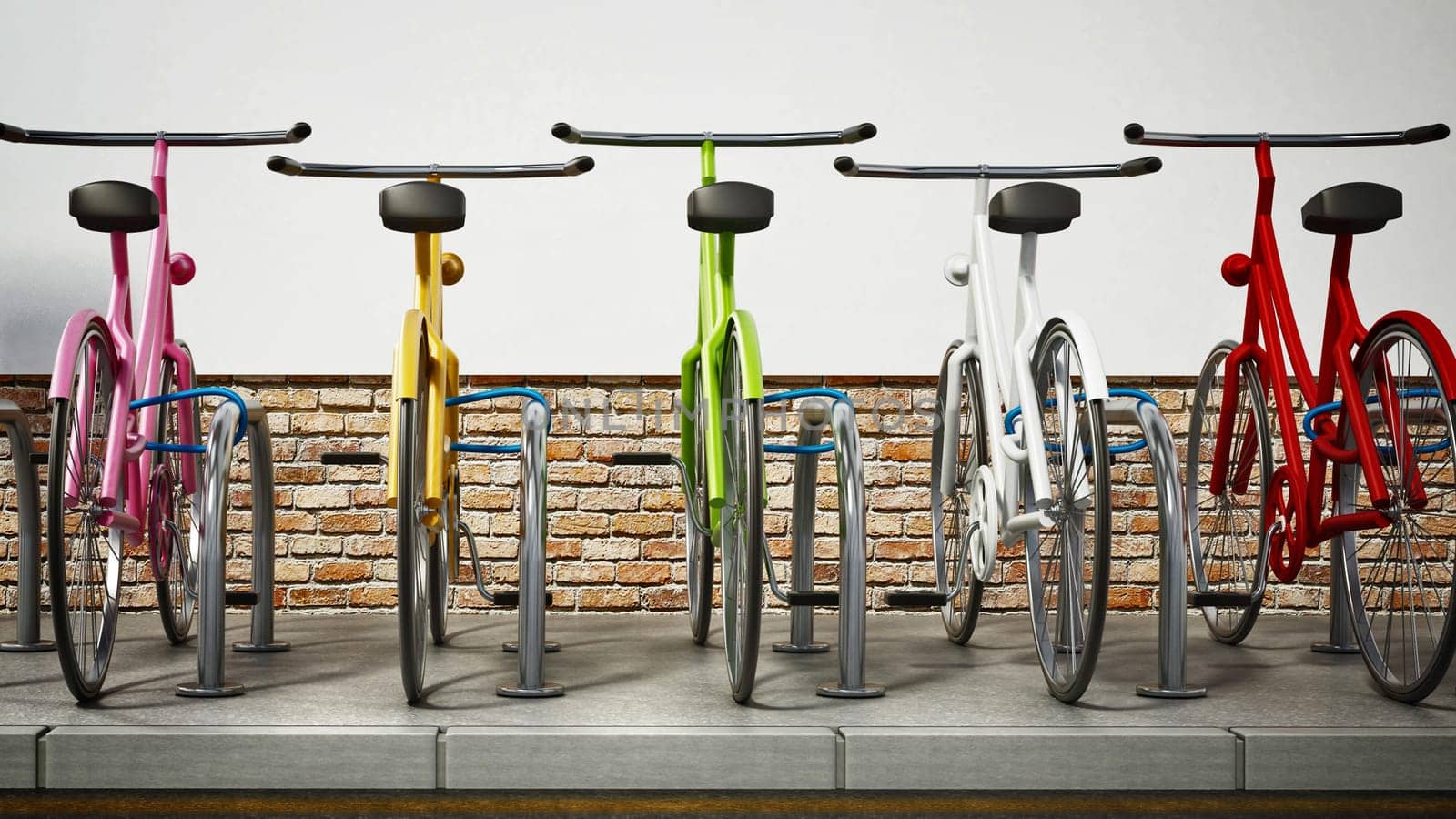Colorful bicycles in bicycle parking area. 3D illustration.