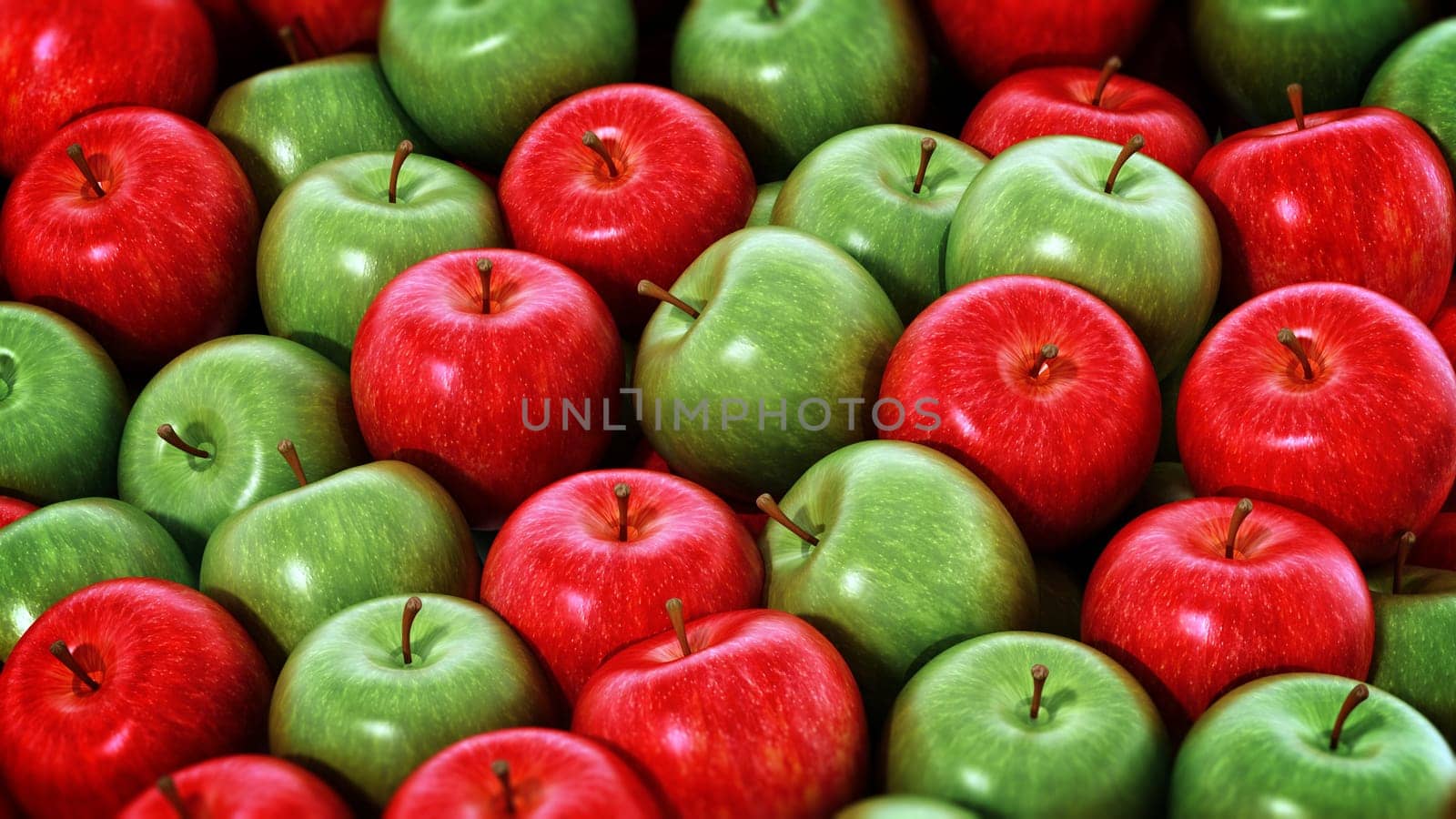 Stack of fresh green and red apples. 3D illustration.