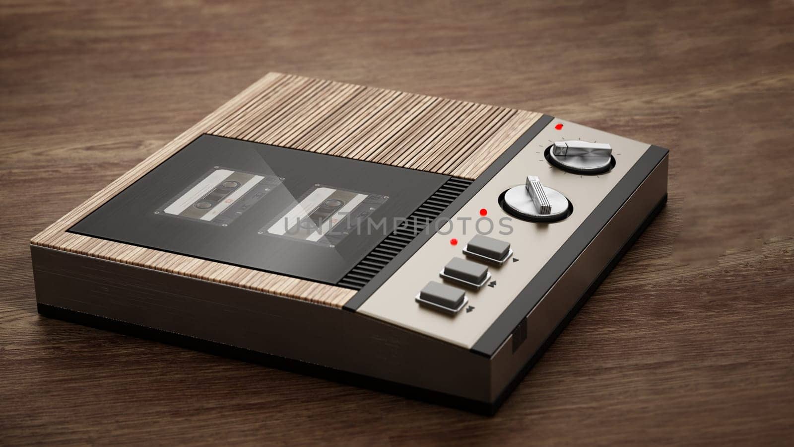 Vintage answering machine standing on wooden table. 3D illustration.
