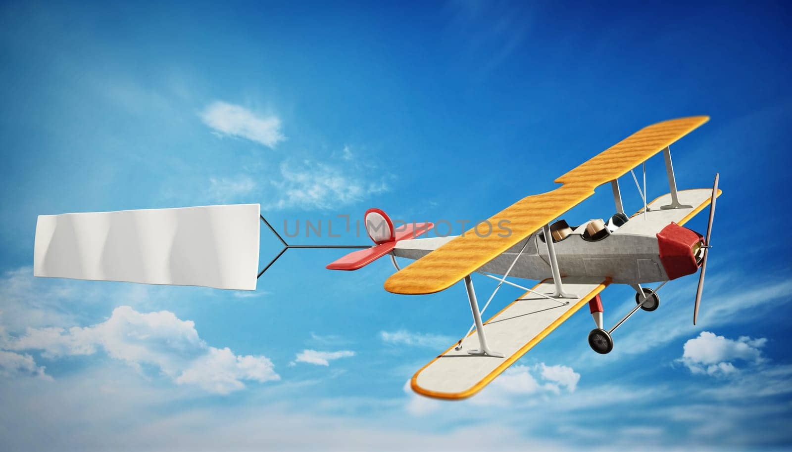 Classic airplane pulling blank white text banner. 3D illustration.