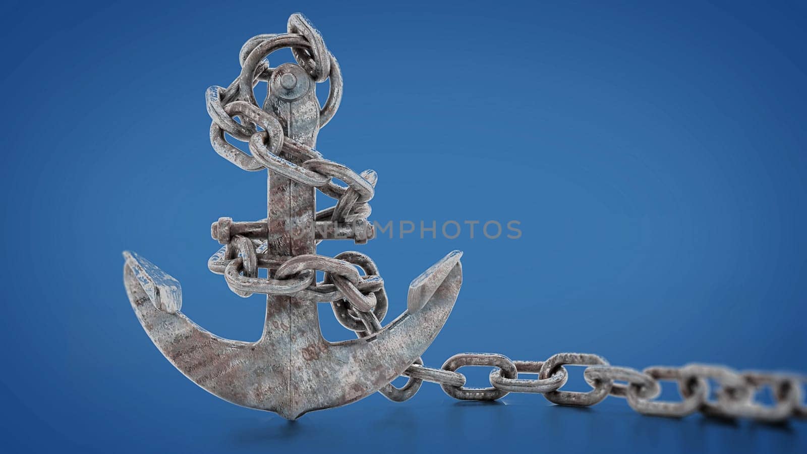 Rusty metal anchor and chain isolated on white background. 3D illustration.