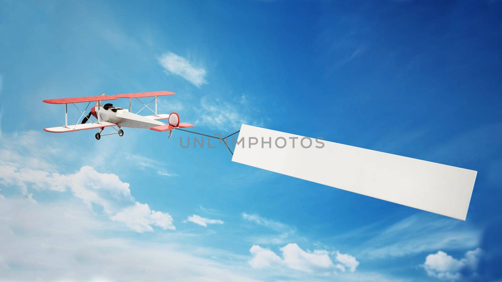 Classic airplane pulling blank white text banner. 3D illustration.