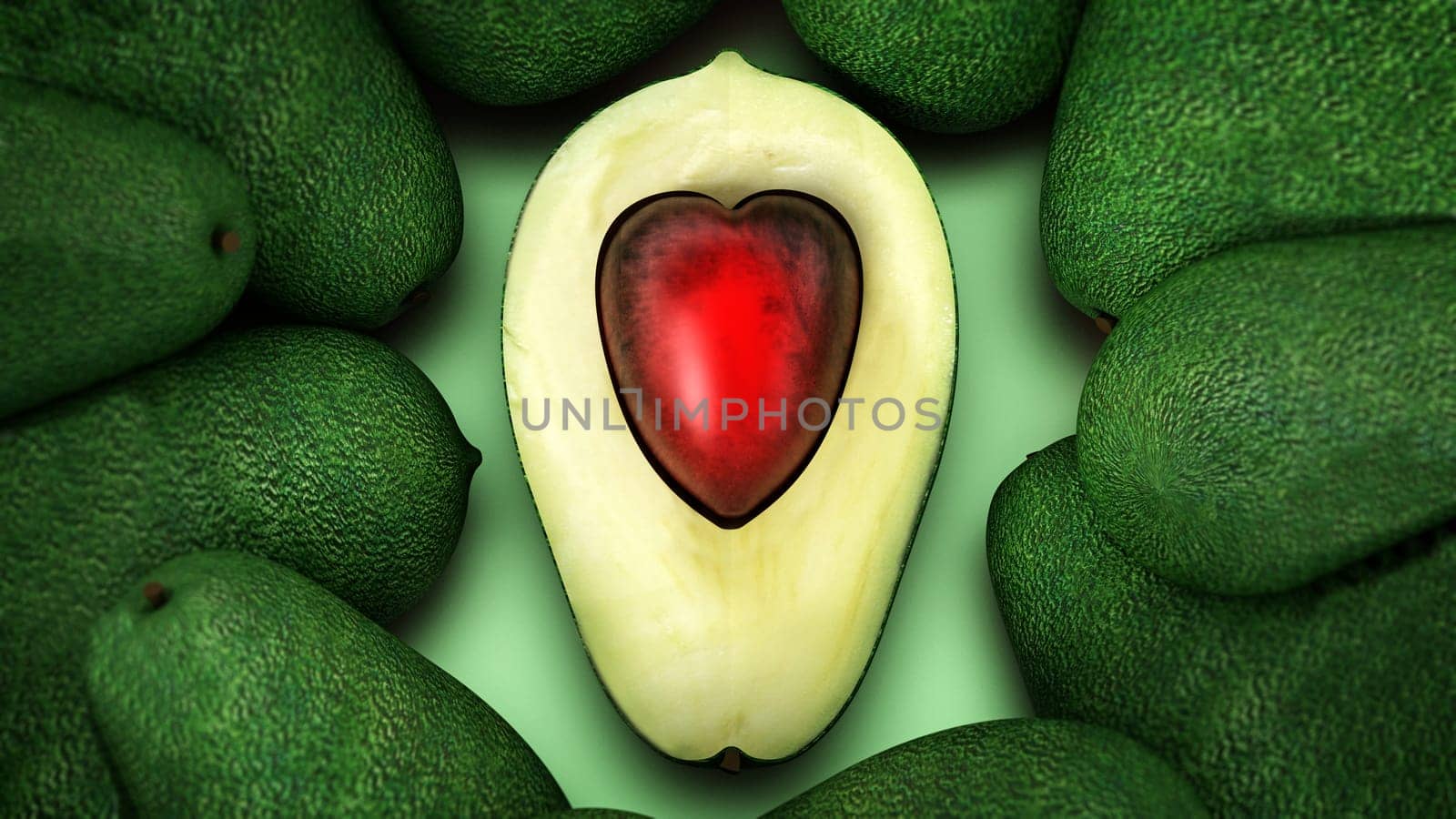 Heart shaped avocados isolated on white background. 3D illustration.