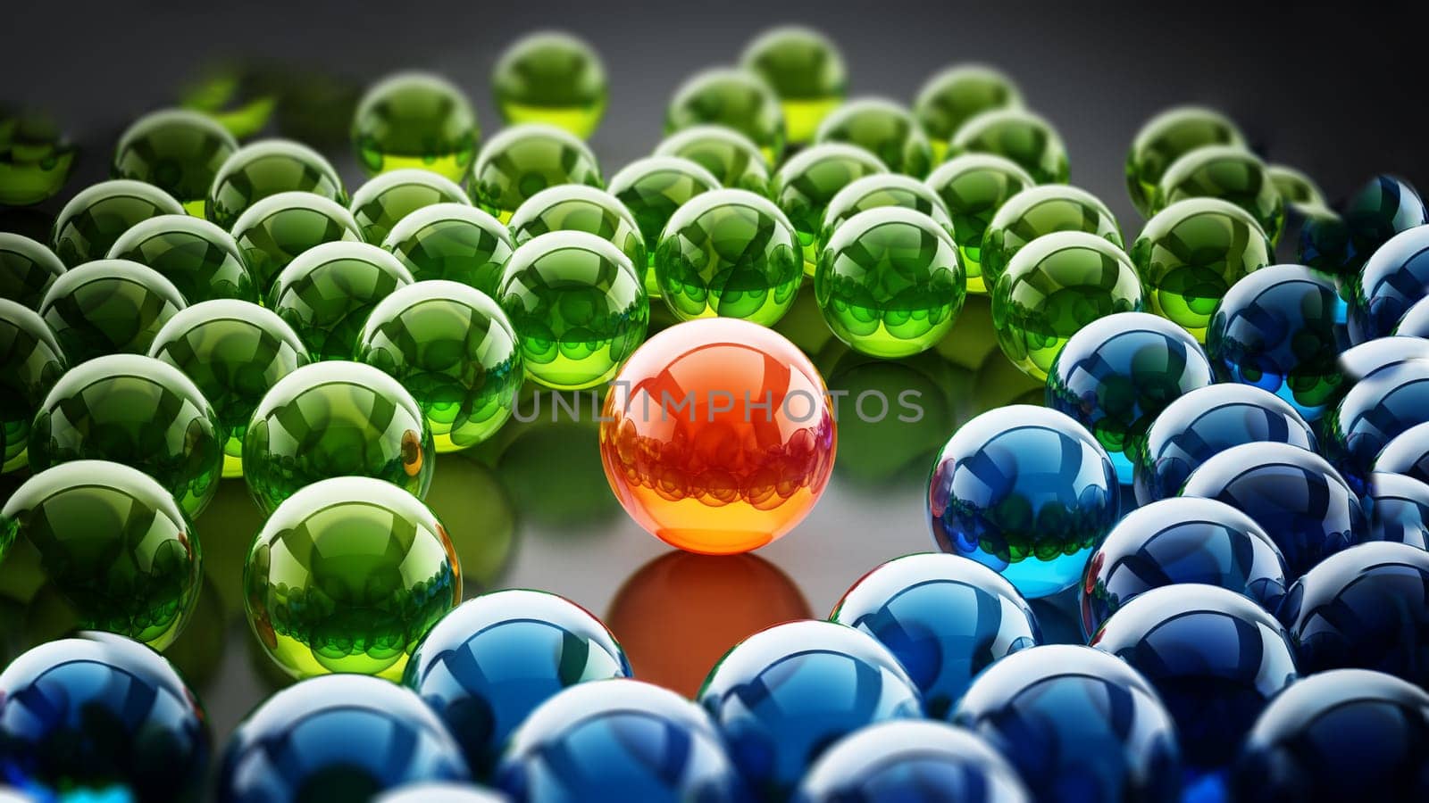 Red shiny sphere standing out among green and blue spheres. 3D illustration.